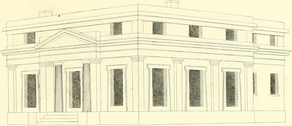 An illustration from Rural architecture: consisting of classic dwellings, Doric, Ionic, Corinthian and Gothic, and details connected with each of the orders; embracing plans, elevations parallel and perspective, specifications, estimates, framing, etc. for private houses and churches. Designed for the United States of America, 1843, leaf 164