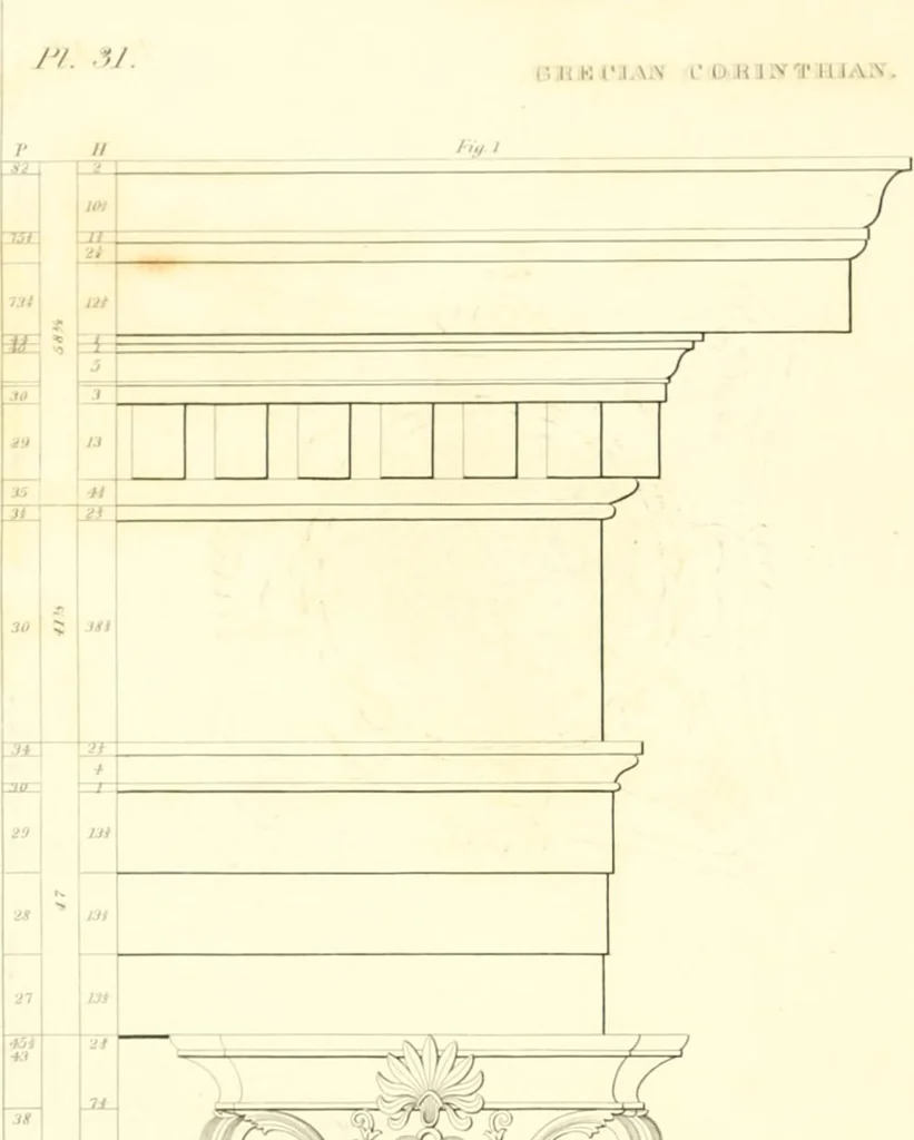 An illustration from Rural architecture: consisting of classic dwellings, Doric, Ionic, Corinthian and Gothic, and details connected with each of the orders; embracing plans, elevations parallel and perspective, specifications, estimates, framing, etc. for private houses and churches. Designed for the United States of America, 1843, leaf 171