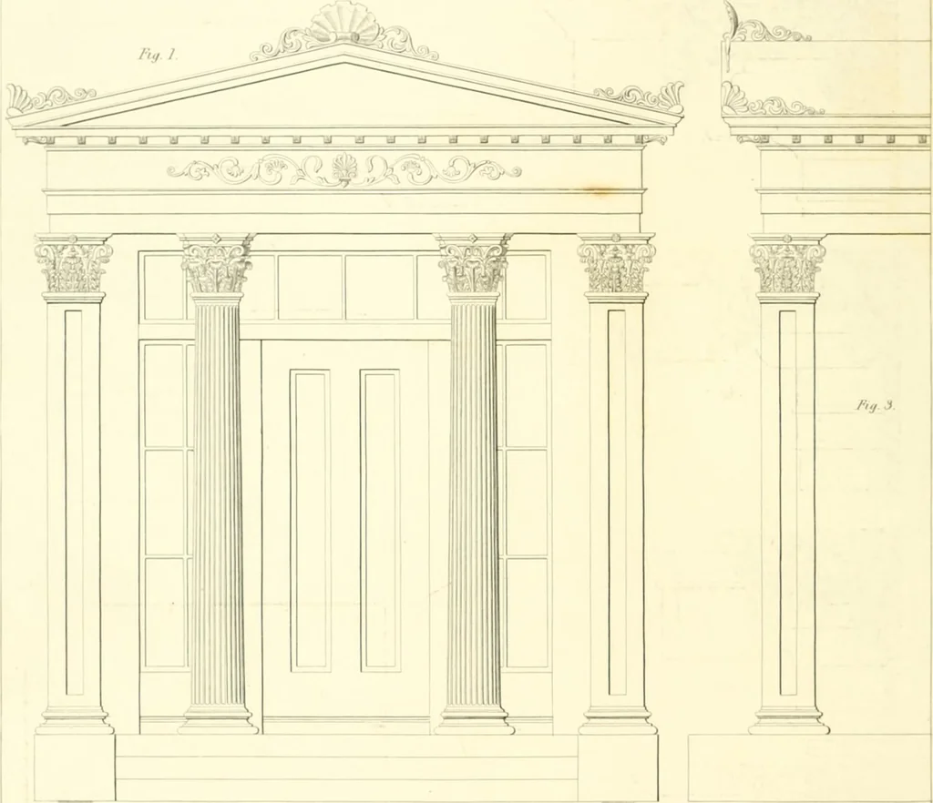 An illustration from Rural architecture: consisting of classic dwellings, Doric, Ionic, Corinthian and Gothic, and details connected with each of the orders; embracing plans, elevations parallel and perspective, specifications, estimates, framing, etc. for private houses and churches. Designed for the United States of America, 1843, leaf 179