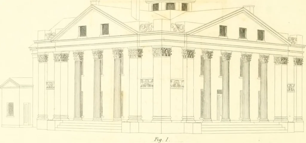 An illustration from Rural architecture: consisting of classic dwellings, Doric, Ionic, Corinthian and Gothic, and details connected with each of the orders; embracing plans, elevations parallel and perspective, specifications, estimates, framing, etc. for private houses and churches. Designed for the United States of America, 1843, leaf 183