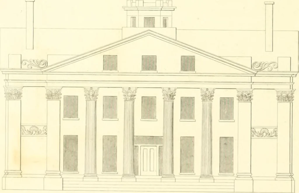 An illustration from Rural architecture: consisting of classic dwellings, Doric, Ionic, Corinthian and Gothic, and details connected with each of the orders; embracing plans, elevations parallel and perspective, specifications, estimates, framing, etc. for private houses and churches. Designed for the United States of America, 1843, leaf 183