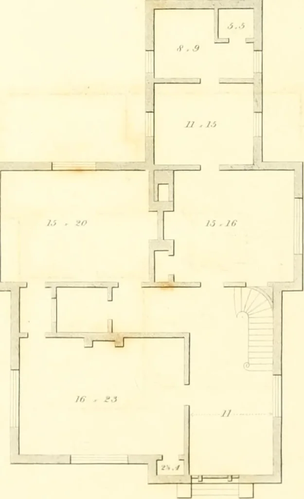 An illustration from Rural architecture: consisting of classic dwellings, Doric, Ionic, Corinthian and Gothic, and details connected with each of the orders; embracing plans, elevations parallel and perspective, specifications, estimates, framing, etc. for private houses and churches. Designed for the United States of America, 1843, leaf 199