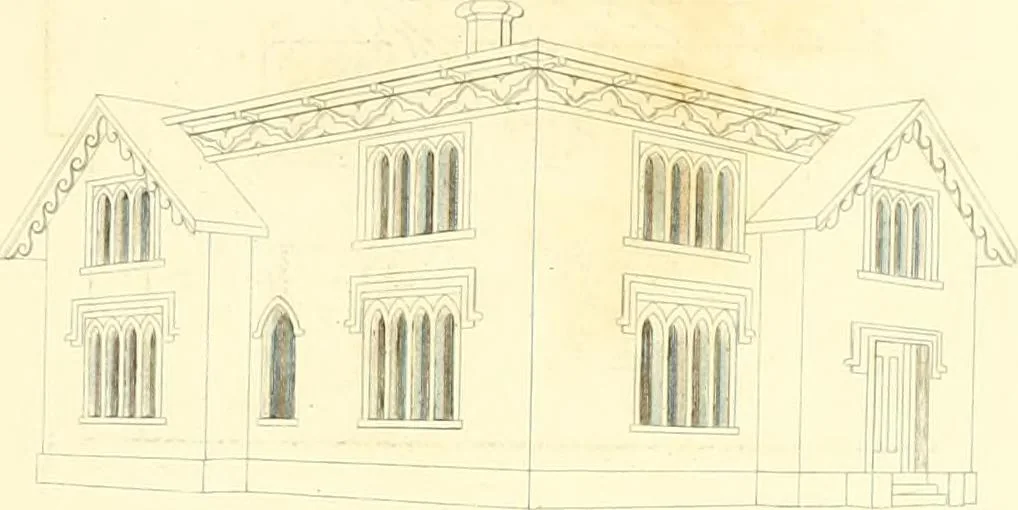 An illustration from Rural architecture: consisting of classic dwellings, Doric, Ionic, Corinthian and Gothic, and details connected with each of the orders; embracing plans, elevations parallel and perspective, specifications, estimates, framing, etc. for private houses and churches. Designed for the United States of America, 1843, leaf 200