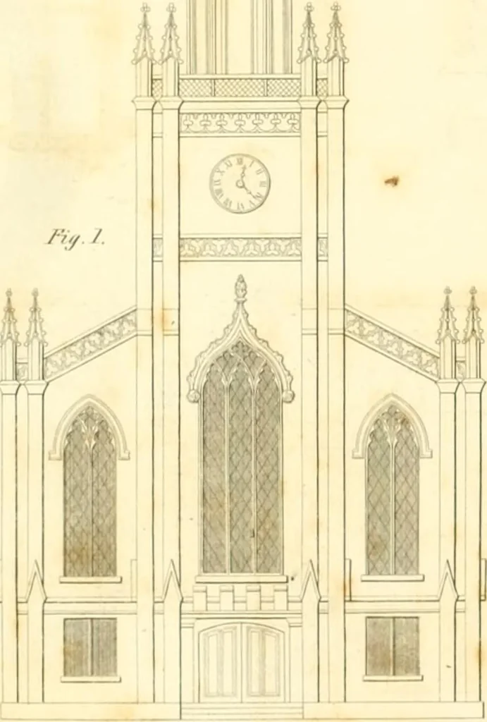 An illustration from Rural architecture: consisting of classic dwellings, Doric, Ionic, Corinthian and Gothic, and details connected with each of the orders; embracing plans, elevations parallel and perspective, specifications, estimates, framing, etc. for private houses and churches. Designed for the United States of America, 1843, leaf 211