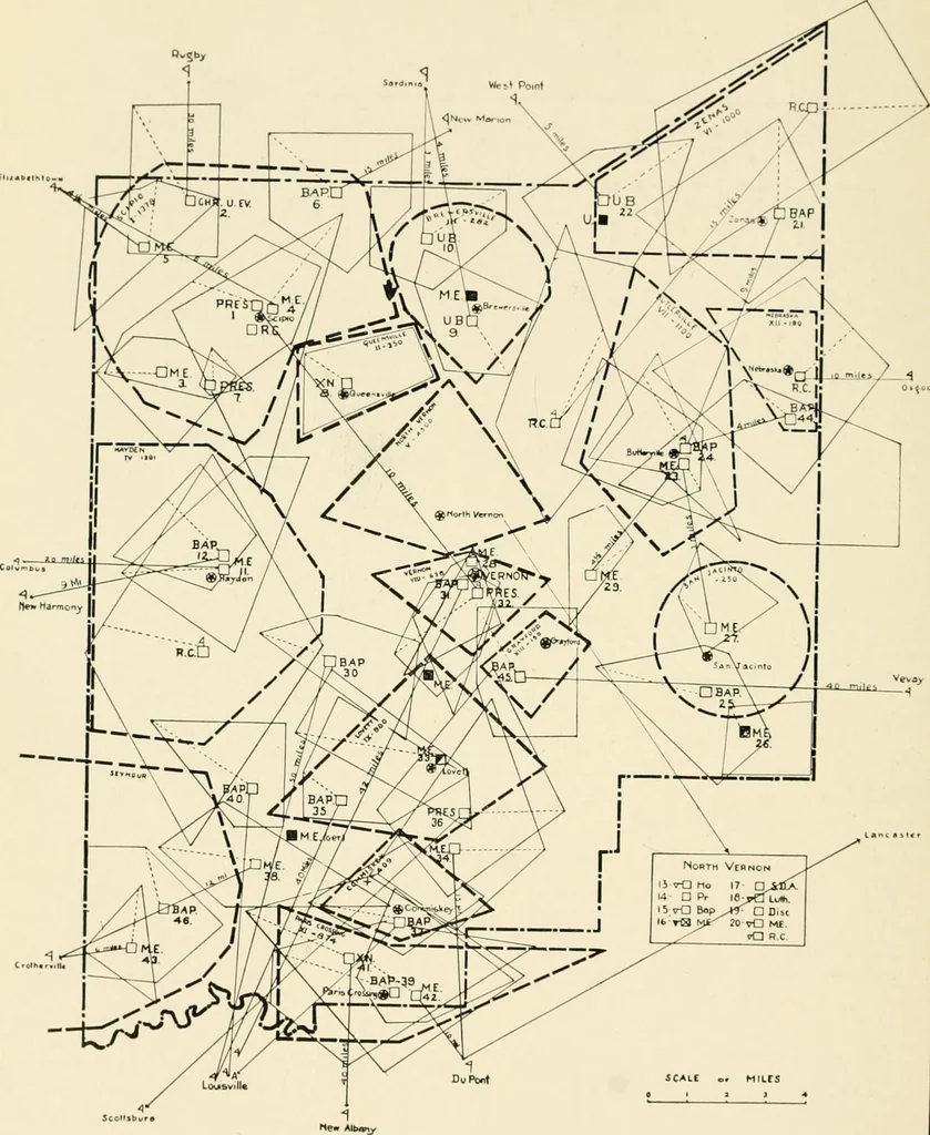 An illustration from Rural church life in the Middle West, as illustrated by Clay County, Iowa, and Jennings County, Indiana, with comparative data from studies of thirty-five middle western counties, 1922, leaf 51