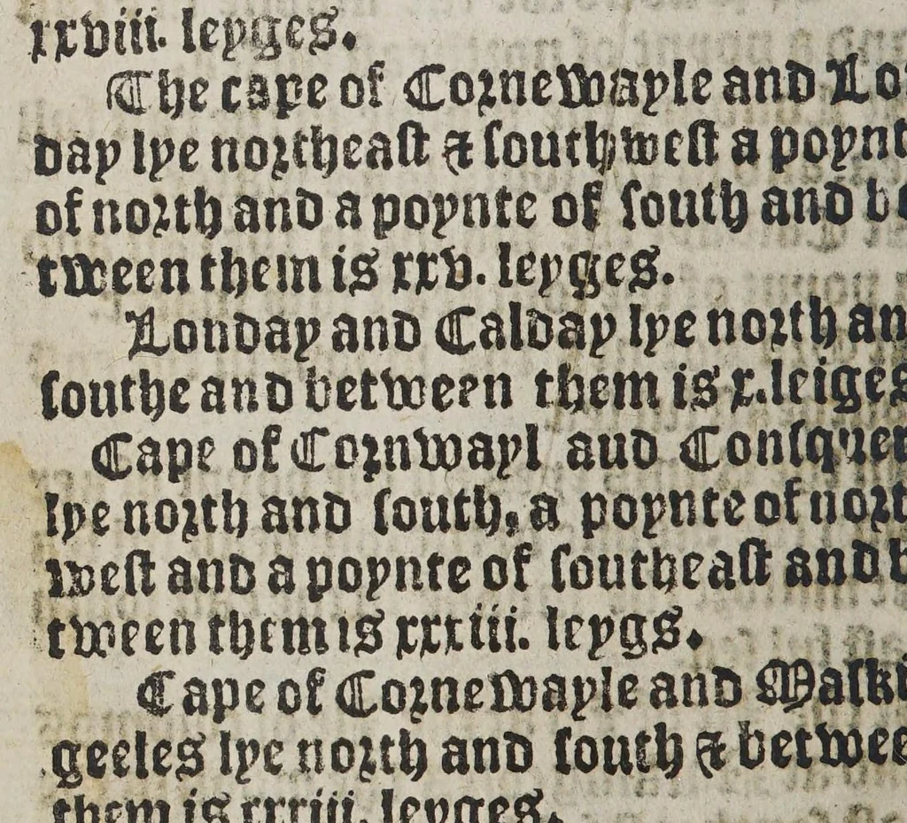An illustration from The rutter of the sea : with the hauens, rodes, soundings, kennings, windes, floods, and ebbes, daungers and coastes of diuers regions with the lawes of the Ile of Auleron, and y[e] iudgements of the sea. With a rutter of the north added to the same, 1567, leaf 38