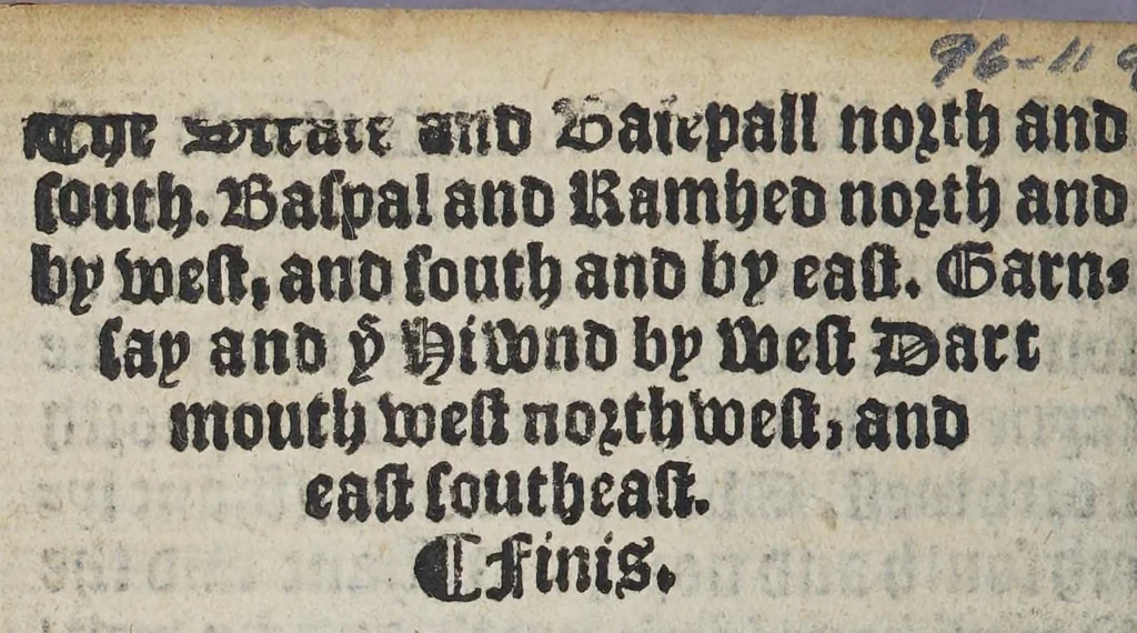 An illustration from The rutter of the sea : with the hauens, rodes, soundings, kennings, windes, floods, and ebbes, daungers and coastes of diuers regions with the lawes of the Ile of Auleron, and y[e] iudgements of the sea. With a rutter of the north added to the same, 1567, leaf 92