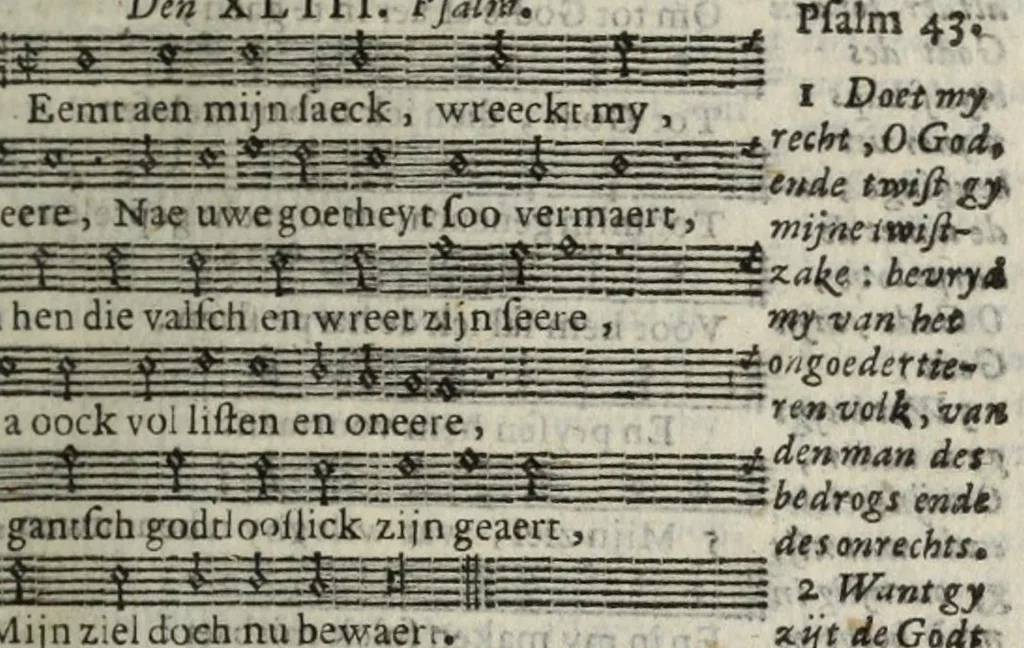 An illustration from Sachte verbetering der Psalm-rymen Datheni : dat is, De CL. Psalmen Davids, wel-eer door Petrus Dathenus op Nederlantsche rijmen gestelt, ende in de kercken van Nederlandt tot noch toe gebruyckt...Tot dienst der Nederlantsche kercken bereyt ende aen't licht gegeven door Abrahamus Tommius...Geheel met noten gedruckt...vervattende oock de Christelicke Catechismus met de kerckelicke formulieren ende gebeden, 1695, leaf 143