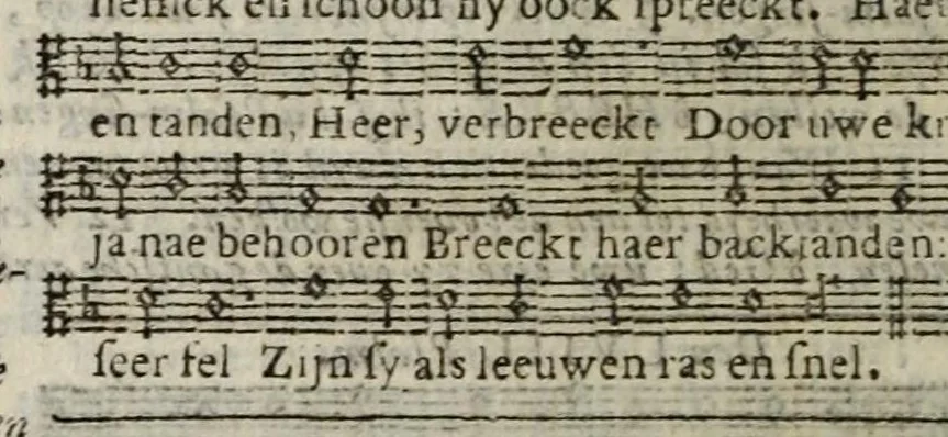 An illustration from Sachte verbetering der Psalm-rymen Datheni : dat is, De CL. Psalmen Davids, wel-eer door Petrus Dathenus op Nederlantsche rijmen gestelt, ende in de kercken van Nederlandt tot noch toe gebruyckt...Tot dienst der Nederlantsche kercken bereyt ende aen't licht gegeven door Abrahamus Tommius...Geheel met noten gedruckt...vervattende oock de Christelicke Catechismus met de kerckelicke formulieren ende gebeden, 1695, leaf 182