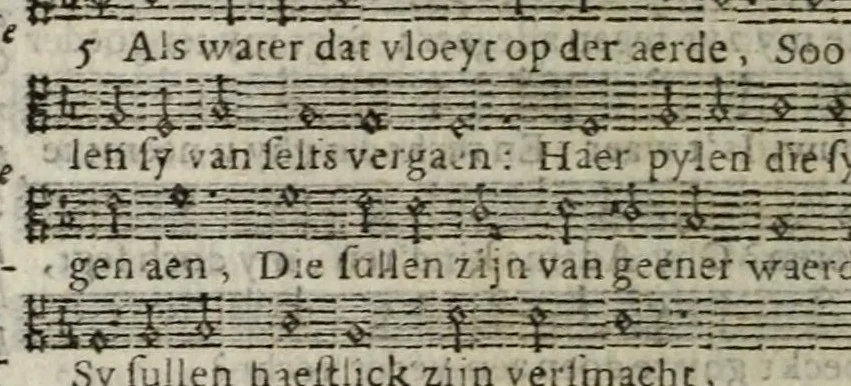 An illustration from Sachte verbetering der Psalm-rymen Datheni : dat is, De CL. Psalmen Davids, wel-eer door Petrus Dathenus op Nederlantsche rijmen gestelt, ende in de kercken van Nederlandt tot noch toe gebruyckt...Tot dienst der Nederlantsche kercken bereyt ende aen't licht gegeven door Abrahamus Tommius...Geheel met noten gedruckt...vervattende oock de Christelicke Catechismus met de kerckelicke formulieren ende gebeden, 1695, leaf 182