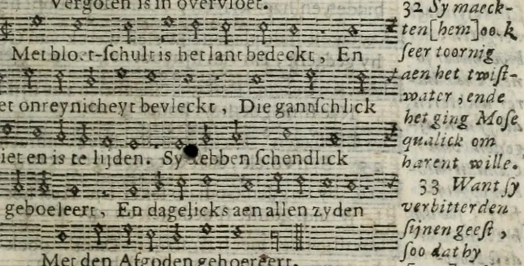 An illustration from Sachte verbetering der Psalm-rymen Datheni : dat is, De CL. Psalmen Davids, wel-eer door Petrus Dathenus op Nederlantsche rijmen gestelt, ende in de kercken van Nederlandt tot noch toe gebruyckt...Tot dienst der Nederlantsche kercken bereyt ende aen't licht gegeven door Abrahamus Tommius...Geheel met noten gedruckt...vervattende oock de Christelicke Catechismus met de kerckelicke formulieren ende gebeden, 1695, leaf 339