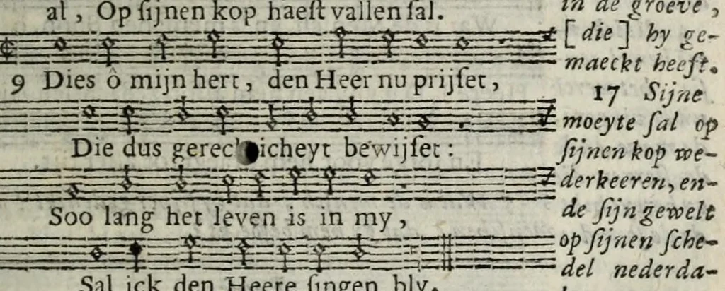 An illustration from Sachte verbetering der Psalm-rymen Datheni : dat is, De CL. Psalmen Davids, wel-eer door Petrus Dathenus op Nederlantsche rijmen gestelt, ende in de kercken van Nederlandt tot noch toe gebruyckt...Tot dienst der Nederlantsche kercken bereyt ende aen't licht gegeven door Abrahamus Tommius...Geheel met noten gedruckt...vervattende oock de Christelicke Catechismus met de kerckelicke formulieren ende gebeden, 1695, leaf 39