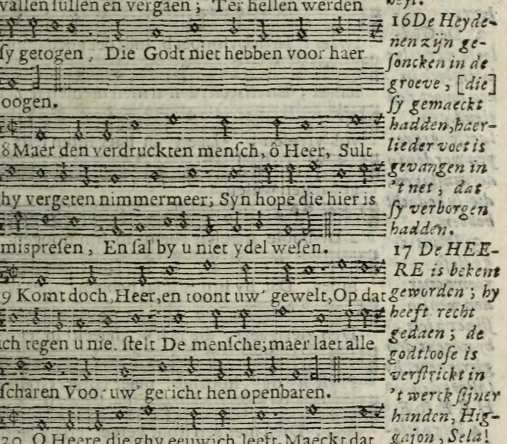 An illustration from Sachte verbetering der Psalm-rymen Datheni : dat is, De CL. Psalmen Davids, wel-eer door Petrus Dathenus op Nederlantsche rijmen gestelt, ende in de kercken van Nederlandt tot noch toe gebruyckt...Tot dienst der Nederlantsche kercken bereyt ende aen't licht gegeven door Abrahamus Tommius...Geheel met noten gedruckt...vervattende oock de Christelicke Catechismus met de kerckelicke formulieren ende gebeden, 1695, leaf 45