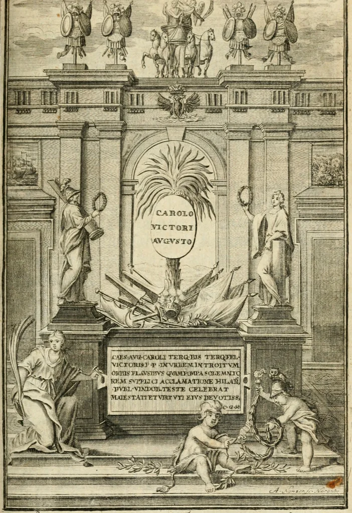 An illustration from Sacrae Caes. Mai. consiliarii, & rei antiquae, nec non feriundis numismatibus praefecti Caroli Gustavi Heraei Inscriptiones et symbola varii argumenti, 1721, leaf 186