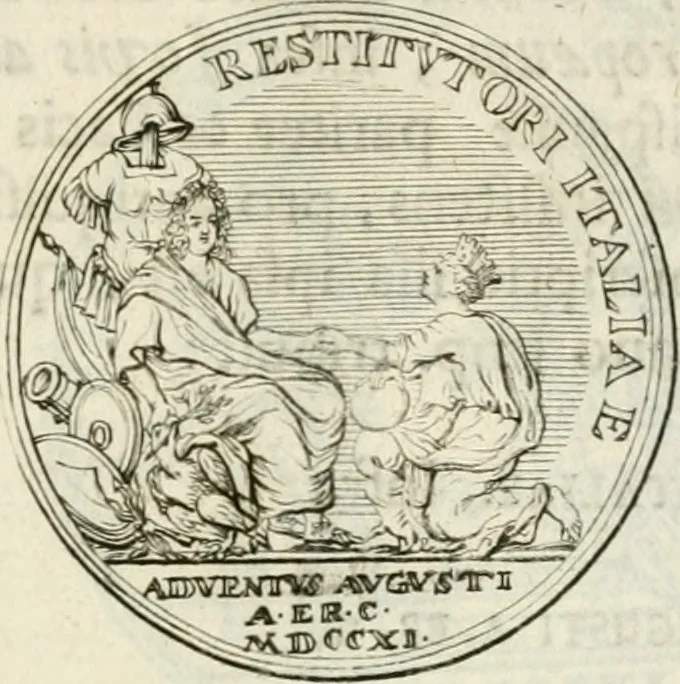 An illustration from Sacrae Caes. Mai. consiliarii, & rei antiquae, nec non feriundis numismatibus praefecti Caroli Gustavi Heraei Inscriptiones et symbola varii argumenti, 1721, leaf 20