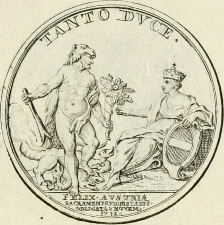 An illustration from Sacrae Caes. Mai. consiliarii, & rei antiquae, nec non feriundis numismatibus praefecti Caroli Gustavi Heraei Inscriptiones et symbola varii argumenti, 1721, leaf 30