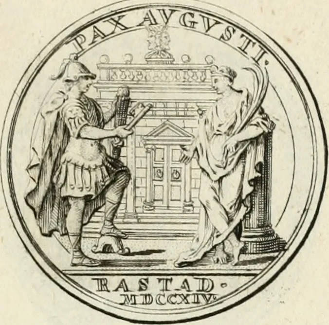An illustration from Sacrae Caes. Mai. consiliarii, & rei antiquae, nec non feriundis numismatibus praefecti Caroli Gustavi Heraei Inscriptiones et symbola varii argumenti, 1721, leaf 34