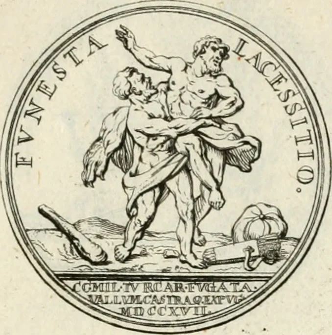 An illustration from Sacrae Caes. Mai. consiliarii, & rei antiquae, nec non feriundis numismatibus praefecti Caroli Gustavi Heraei Inscriptiones et symbola varii argumenti, 1721, leaf 40