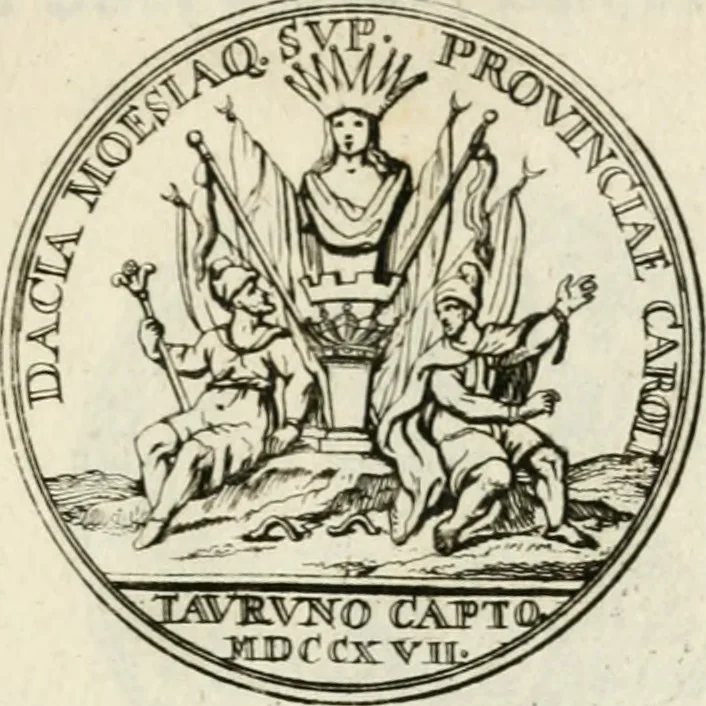 An illustration from Sacrae Caes. Mai. consiliarii, & rei antiquae, nec non feriundis numismatibus praefecti Caroli Gustavi Heraei Inscriptiones et symbola varii argumenti, 1721, leaf 42