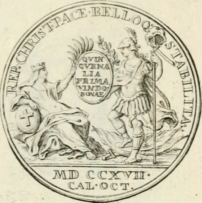 An illustration from Sacrae Caes. Mai. consiliarii, & rei antiquae, nec non feriundis numismatibus praefecti Caroli Gustavi Heraei Inscriptiones et symbola varii argumenti, 1721, leaf 44