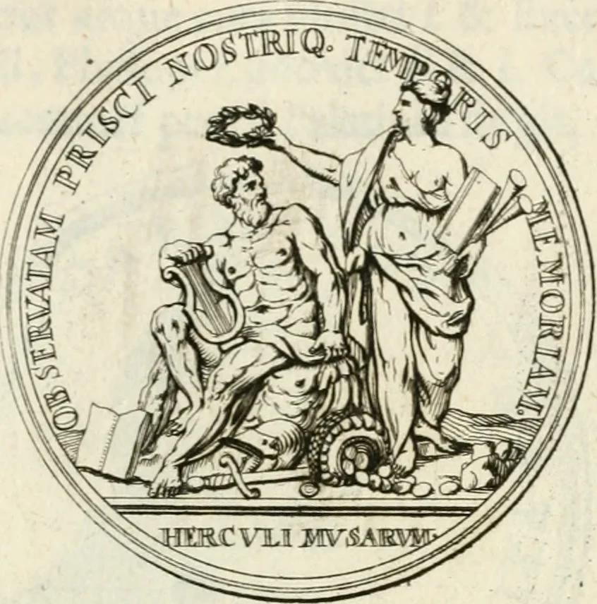 An illustration from Sacrae Caes. Mai. consiliarii, & rei antiquae, nec non feriundis numismatibus praefecti Caroli Gustavi Heraei Inscriptiones et symbola varii argumenti, 1721, leaf 48