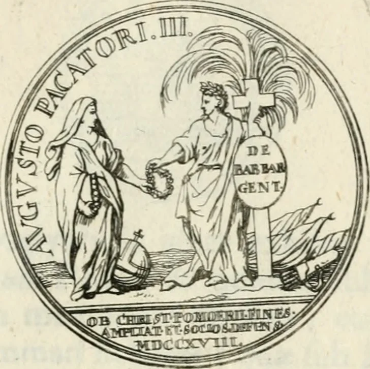 An illustration from Sacrae Caes. Mai. consiliarii, & rei antiquae, nec non feriundis numismatibus praefecti Caroli Gustavi Heraei Inscriptiones et symbola varii argumenti, 1721, leaf 56