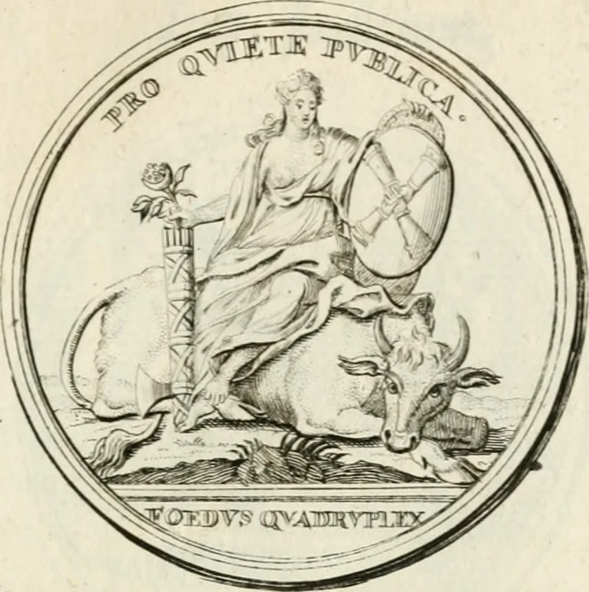 An illustration from Sacrae Caes. Mai. consiliarii, & rei antiquae, nec non feriundis numismatibus praefecti Caroli Gustavi Heraei Inscriptiones et symbola varii argumenti, 1721, leaf 64