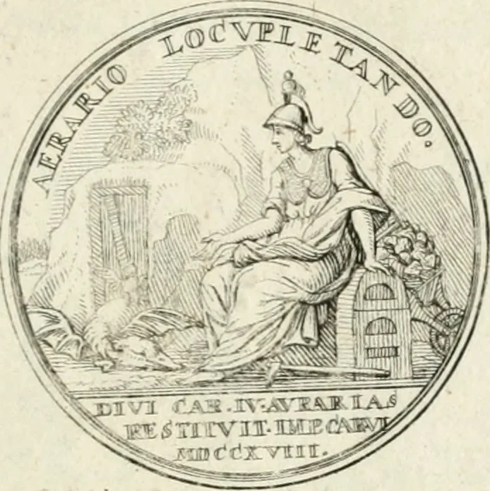 An illustration from Sacrae Caes. Mai. consiliarii, & rei antiquae, nec non feriundis numismatibus praefecti Caroli Gustavi Heraei Inscriptiones et symbola varii argumenti, 1721, leaf 74