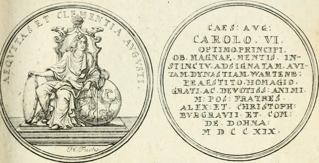 An illustration from Sacrae Caes. Mai. consiliarii, & rei antiquae, nec non feriundis numismatibus praefecti Caroli Gustavi Heraei Inscriptiones et symbola varii argumenti, 1721, leaf 76