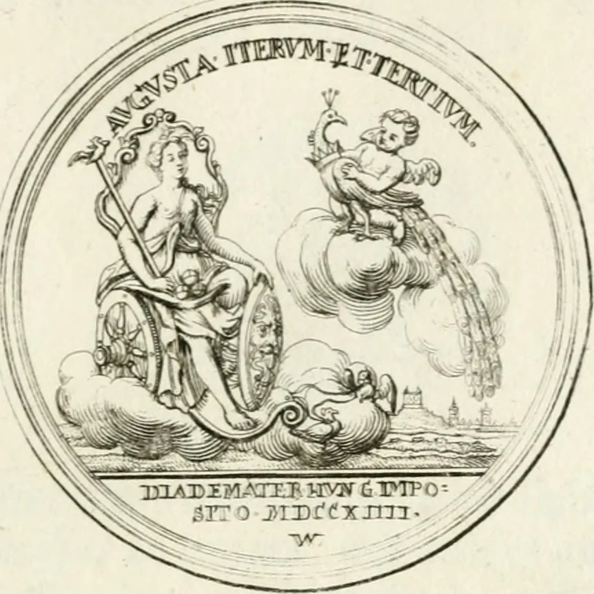 An illustration from Sacrae Caes. Mai. consiliarii, & rei antiquae, nec non feriundis numismatibus praefecti Caroli Gustavi Heraei Inscriptiones et symbola varii argumenti, 1721, leaf 92