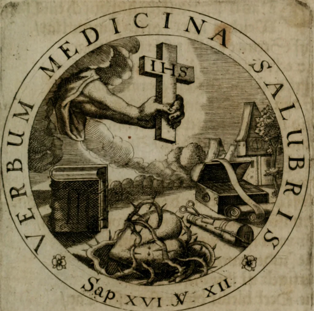 An illustration from Sacra emblemata LXXVI : in quibus summa unius cuiusq[ue] evangelii rotunde adumbratur : das ist, Sechsundsibentzig geistliche figürlein in welchen eines ieder evangelij summa kürtzlichen wird abgebildet, 1625, leaf 112
