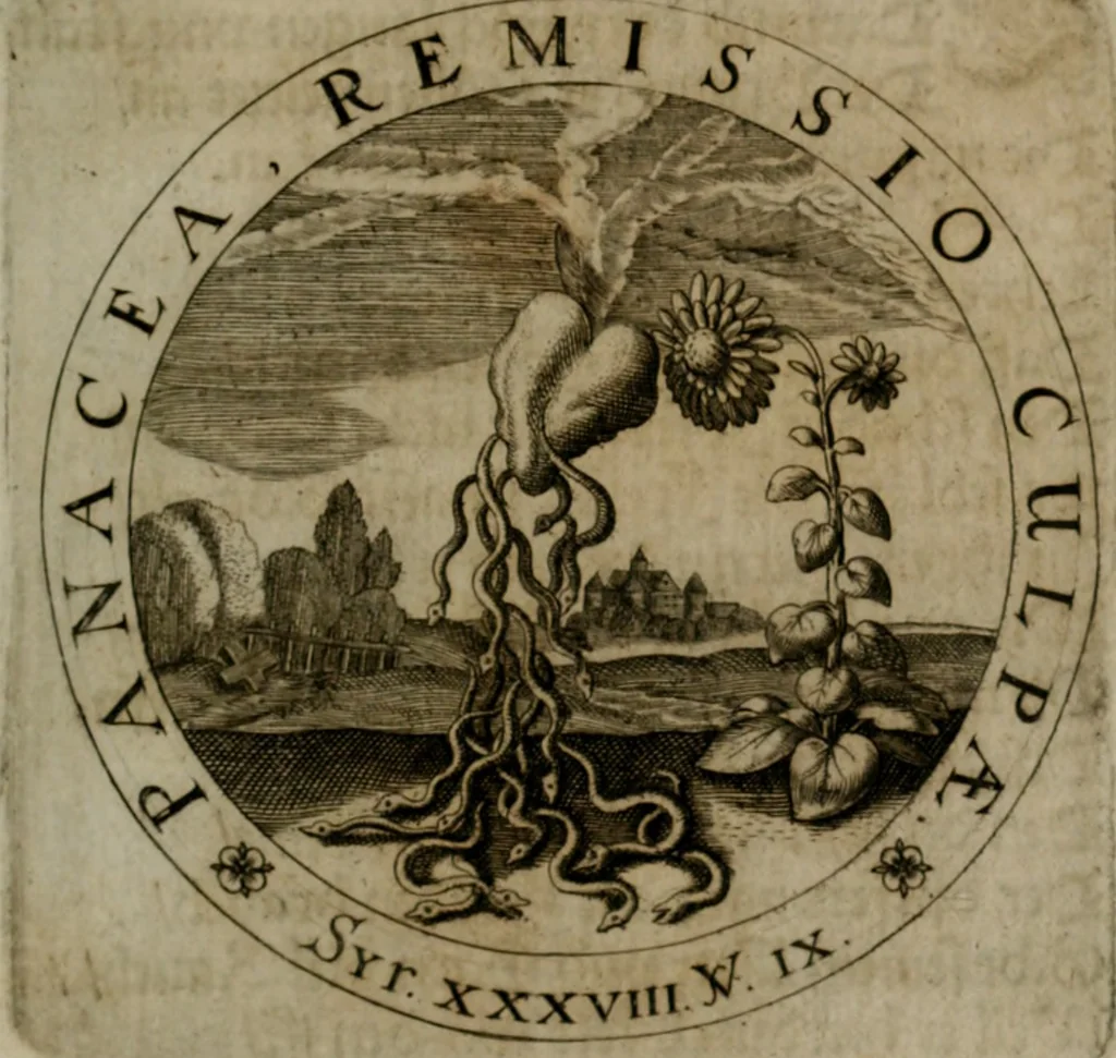 An illustration from Sacra emblemata LXXVI : in quibus summa unius cuiusq[ue] evangelii rotunde adumbratur : das ist, Sechsundsibentzig geistliche figürlein in welchen eines ieder evangelij summa kürtzlichen wird abgebildet, 1625, leaf 116