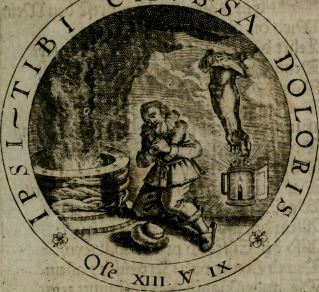 An illustration from Sacra emblemata LXXVI : in quibus summa unius cuiusq[ue] evangelii rotunde adumbratur : das ist, Sechsundsibentzig geistliche figürlein in welchen eines ieder evangelij summa kürtzlichen wird abgebildet, 1625, leaf 118
