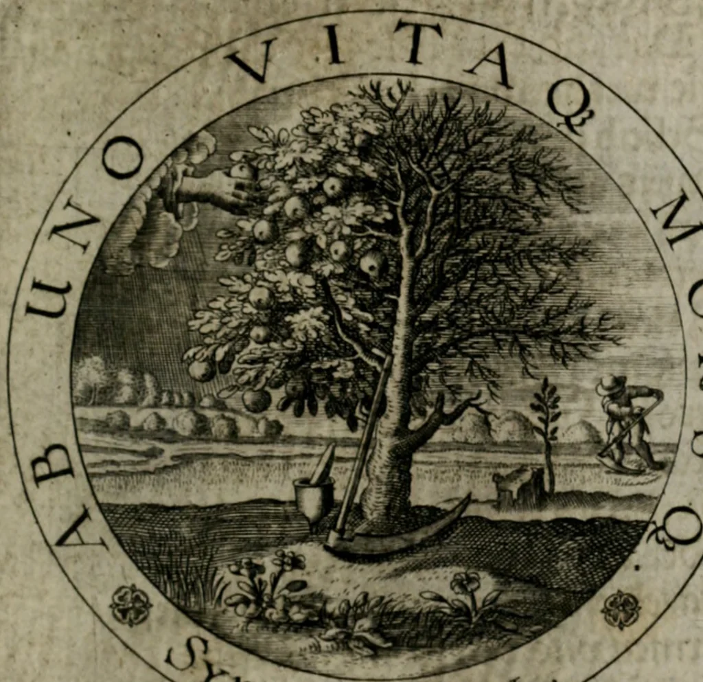 An illustration from Sacra emblemata LXXVI : in quibus summa unius cuiusq[ue] evangelii rotunde adumbratur : das ist, Sechsundsibentzig geistliche figürlein in welchen eines ieder evangelij summa kürtzlichen wird abgebildet, 1625, leaf 128