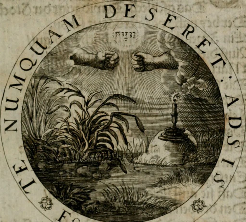 An illustration from Sacra emblemata LXXVI : in quibus summa unius cuiusq[ue] evangelii rotunde adumbratur : das ist, Sechsundsibentzig geistliche figürlein in welchen eines ieder evangelij summa kürtzlichen wird abgebildet, 1625, leaf 144