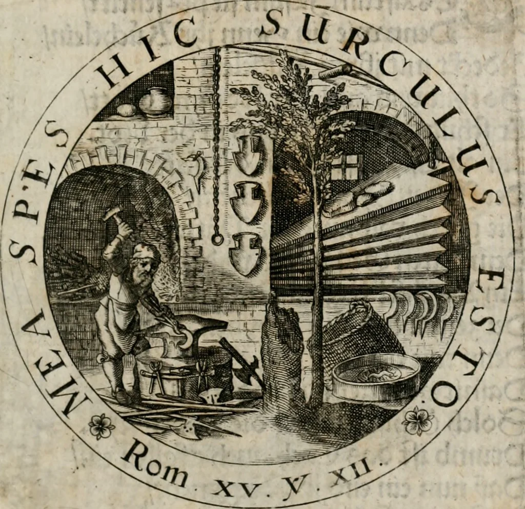 An illustration from Sacra emblemata LXXVI : in quibus summa unius cuiusq[ue] evangelii rotunde adumbratur : das ist, Sechsundsibentzig geistliche figürlein in welchen eines ieder evangelij summa kürtzlichen wird abgebildet, 1625, leaf 146