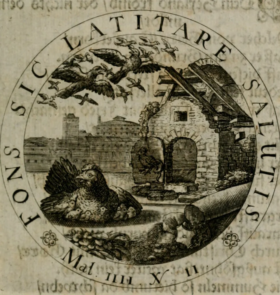 An illustration from Sacra emblemata LXXVI : in quibus summa unius cuiusq[ue] evangelii rotunde adumbratur : das ist, Sechsundsibentzig geistliche figürlein in welchen eines ieder evangelij summa kürtzlichen wird abgebildet, 1625, leaf 148
