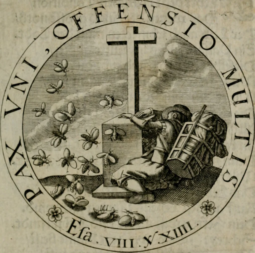 An illustration from Sacra emblemata LXXVI : in quibus summa unius cuiusq[ue] evangelii rotunde adumbratur : das ist, Sechsundsibentzig geistliche figürlein in welchen eines ieder evangelij summa kürtzlichen wird abgebildet, 1625, leaf 150