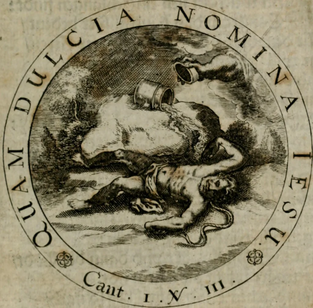 An illustration from Sacra emblemata LXXVI : in quibus summa unius cuiusq[ue] evangelii rotunde adumbratur : das ist, Sechsundsibentzig geistliche figürlein in welchen eines ieder evangelij summa kürtzlichen wird abgebildet, 1625, leaf 152