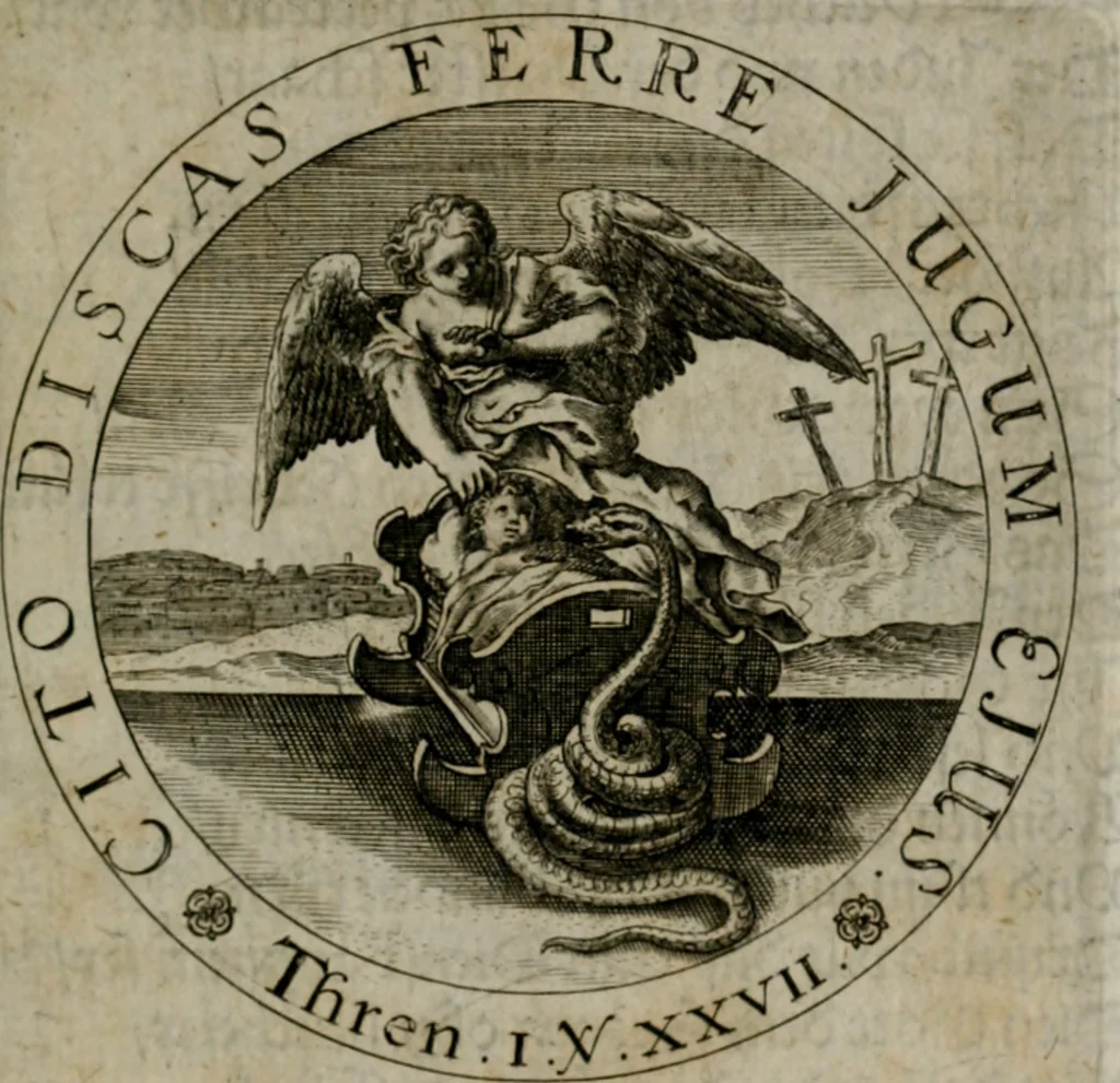 An illustration from Sacra emblemata LXXVI : in quibus summa unius cuiusq[ue] evangelii rotunde adumbratur : das ist, Sechsundsibentzig geistliche figürlein in welchen eines ieder evangelij summa kürtzlichen wird abgebildet, 1625, leaf 154
