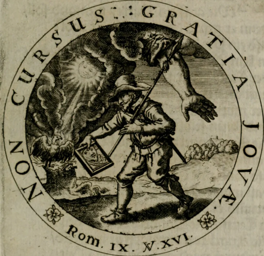 An illustration from Sacra emblemata LXXVI : in quibus summa unius cuiusq[ue] evangelii rotunde adumbratur : das ist, Sechsundsibentzig geistliche figürlein in welchen eines ieder evangelij summa kürtzlichen wird abgebildet, 1625, leaf 170