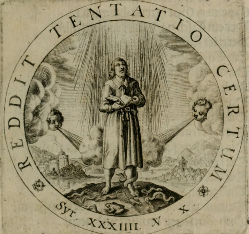 An illustration from Sacra emblemata LXXVI : in quibus summa unius cuiusq[ue] evangelii rotunde adumbratur : das ist, Sechsundsibentzig geistliche figürlein in welchen eines ieder evangelij summa kürtzlichen wird abgebildet, 1625, leaf 22