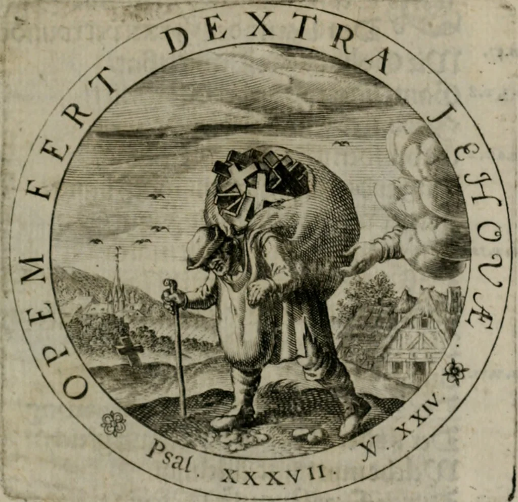 An illustration from Sacra emblemata LXXVI : in quibus summa unius cuiusq[ue] evangelii rotunde adumbratur : das ist, Sechsundsibentzig geistliche figürlein in welchen eines ieder evangelij summa kürtzlichen wird abgebildet, 1625, leaf 26