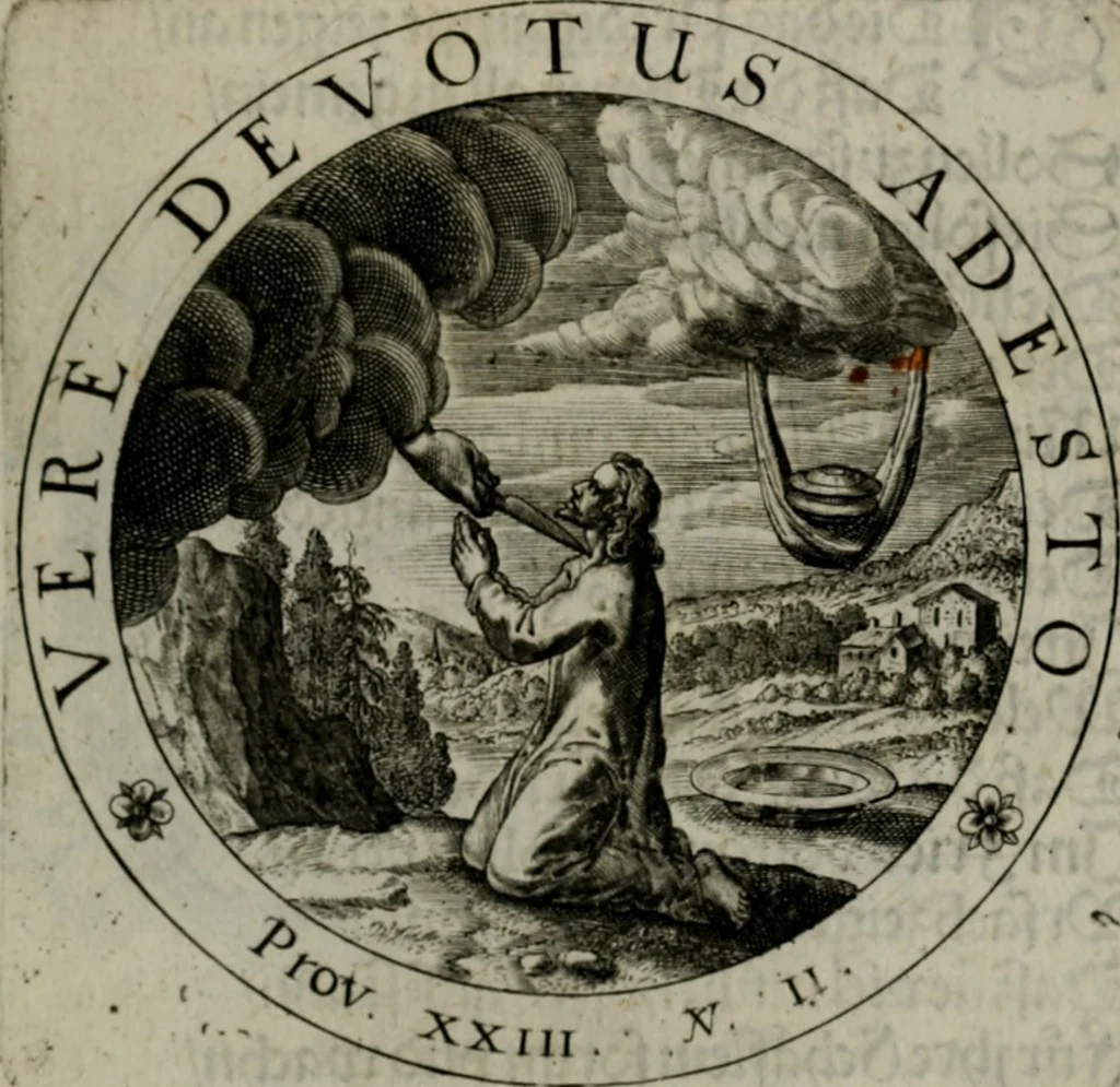 An illustration from Sacra emblemata LXXVI : in quibus summa unius cuiusq[ue] evangelii rotunde adumbratur : das ist, Sechsundsibentzig geistliche figürlein in welchen eines ieder evangelij summa kürtzlichen wird abgebildet, 1625, leaf 36