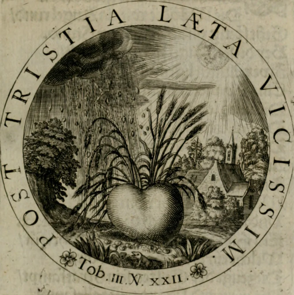 An illustration from Sacra emblemata LXXVI : in quibus summa unius cuiusq[ue] evangelii rotunde adumbratur : das ist, Sechsundsibentzig geistliche figürlein in welchen eines ieder evangelij summa kürtzlichen wird abgebildet, 1625, leaf 44