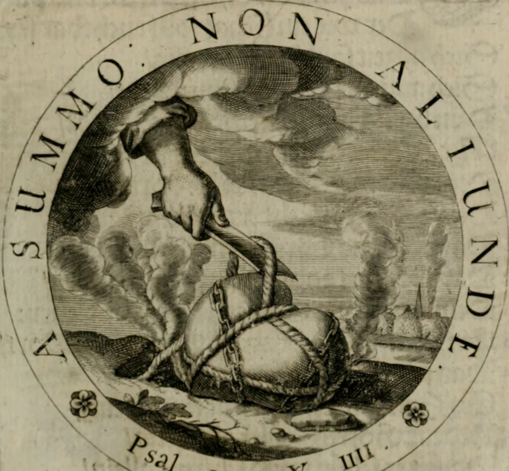 An illustration from Sacra emblemata LXXVI : in quibus summa unius cuiusq[ue] evangelii rotunde adumbratur : das ist, Sechsundsibentzig geistliche figürlein in welchen eines ieder evangelij summa kürtzlichen wird abgebildet, 1625, leaf 46