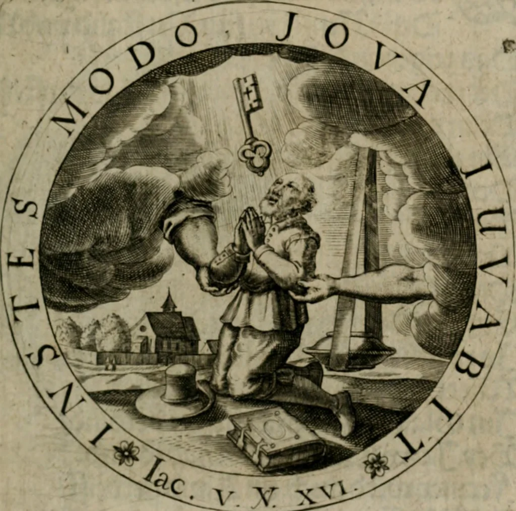 An illustration from Sacra emblemata LXXVI : in quibus summa unius cuiusq[ue] evangelii rotunde adumbratur : das ist, Sechsundsibentzig geistliche figürlein in welchen eines ieder evangelij summa kürtzlichen wird abgebildet, 1625, leaf 56