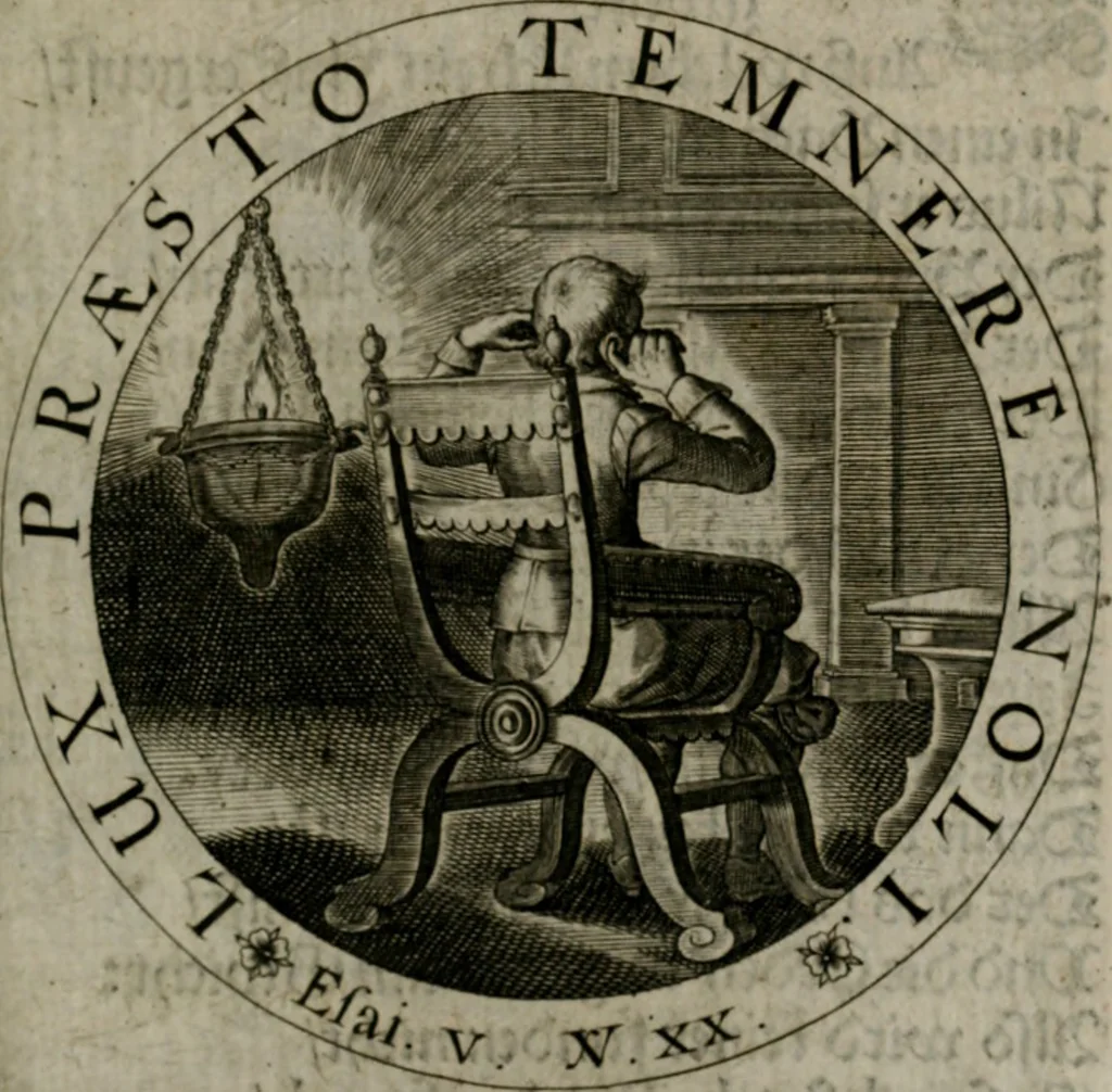 An illustration from Sacra emblemata LXXVI : in quibus summa unius cuiusq[ue] evangelii rotunde adumbratur : das ist, Sechsundsibentzig geistliche figürlein in welchen eines ieder evangelij summa kürtzlichen wird abgebildet, 1625, leaf 64