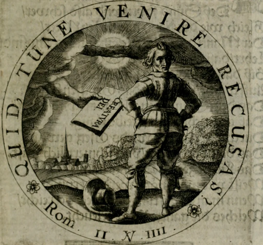 An illustration from Sacra emblemata LXXVI : in quibus summa unius cuiusq[ue] evangelii rotunde adumbratur : das ist, Sechsundsibentzig geistliche figürlein in welchen eines ieder evangelij summa kürtzlichen wird abgebildet, 1625, leaf 70