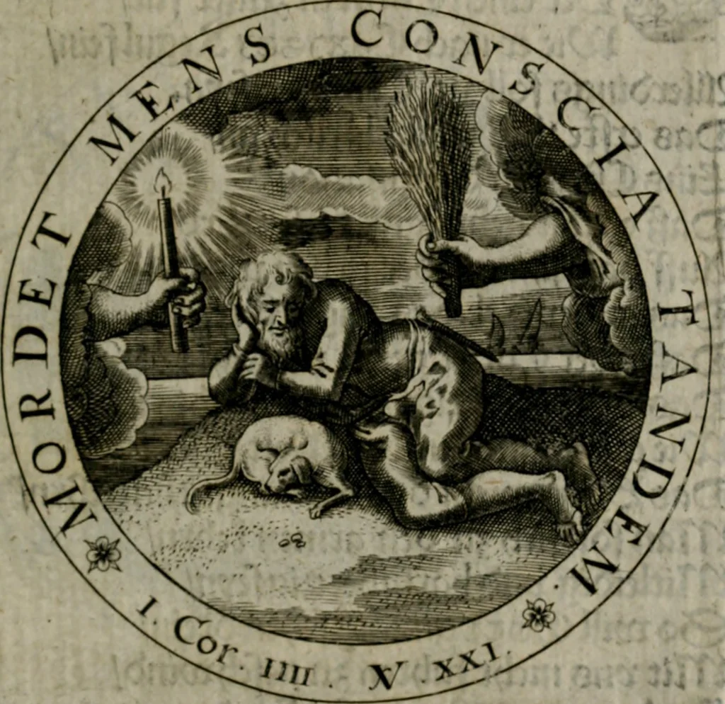 An illustration from Sacra emblemata LXXVI : in quibus summa unius cuiusq[ue] evangelii rotunde adumbratur : das ist, Sechsundsibentzig geistliche figürlein in welchen eines ieder evangelij summa kürtzlichen wird abgebildet, 1625, leaf 72
